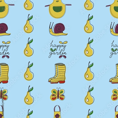 Vector seamless gardening pattern with rubber boots, apron, pear and snail in cartoon hand-drawn style.