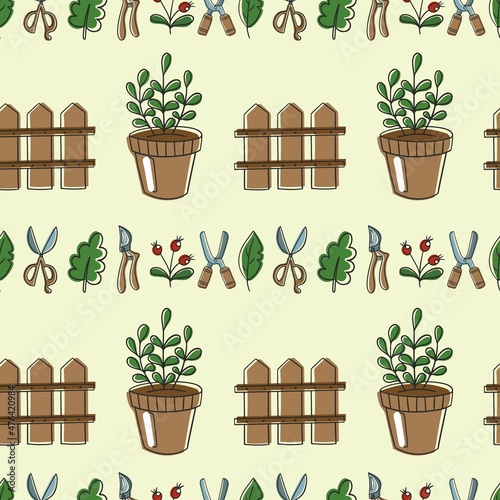 Vector seamless gardening pattern with potted plant, tools and fence in cartoon hand-drawn style.