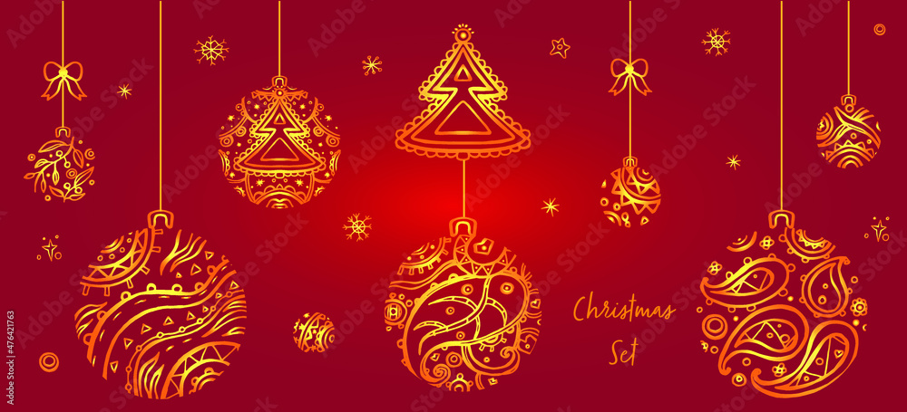 Christmas, New Year Set with balls and snowflakes and New year Tree - Boho style doodles. Outlines. Christmas, New Year Set with balls and snowflakes and New year Tree - Boho style doodles. Outlines.