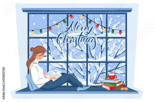Woman reading book and sitting at the winter window, books and сup with cookies on the sill. Merry Christmas lettering. Cozy vector illustration of winter holidays
