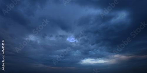Late evening, impending, powerful thunderclouds.
Panoramic photography, the image is horizontally elongated, atmospheric phenomenon.
