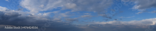 Late evening, impending, powerful thunderclouds.
Panoramic photography, the image is horizontally elongated, atmospheric phenomenon.
