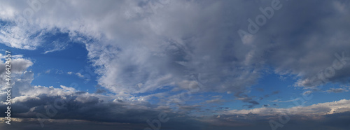 Late evening, impending, powerful thunderclouds.
Panoramic photography, the image is horizontally elongated, atmospheric phenomenon.
