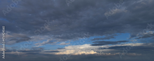 Late evening, impending, powerful thunderclouds.
Panoramic photography, the image is horizontally elongated, atmospheric phenomenon.
