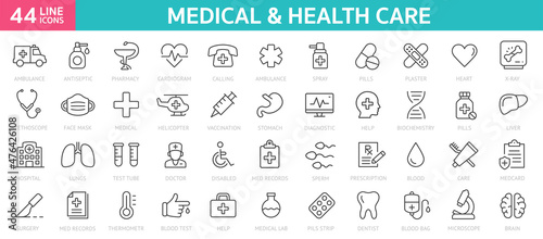 Medecine and health line icon symbols. Outline line web icon collection. Pills, doctor, intensive care, COVID 19, hospital, ambulance, virus icons - stock vector.