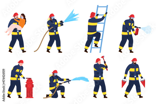 Male firefighters characters set vector flat illustration. Fireman emergency safety actions
