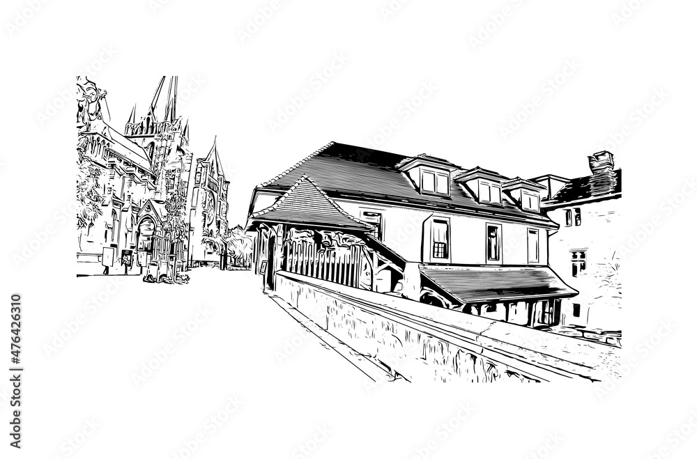 Building view with landmark of Lausanne is the 
city in Switzerland. Hand drawn sketch illustration in vector.