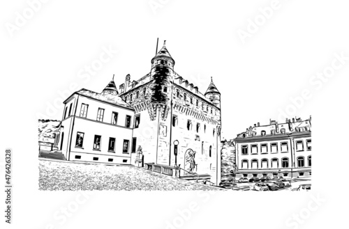 Building view with landmark of Lausanne is the city in Switzerland. Hand drawn sketch illustration in vector.