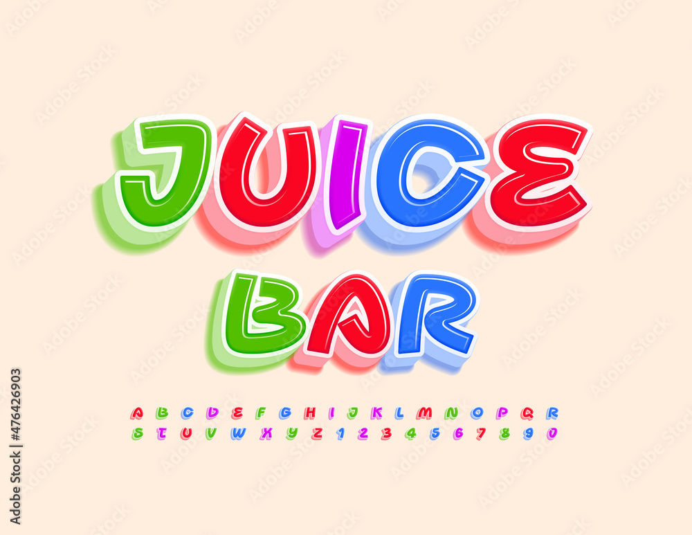 Vector colorful Poster Juice Bar. Bright Unique 3D Font. Creative Alphabet Letters and Numbers set