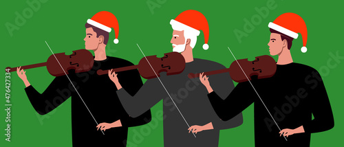 Christmas concert, people with violins, flat vector stock illustration with musicians violinists for new year and instrumental classical music