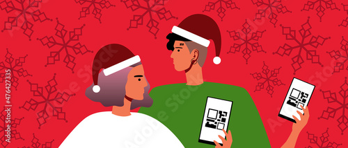 Christmas couple, QR code on phone screen, Flat vector stock illustration with People with vaccination passport for the new year and QR code as a certificate, New Year snow decor