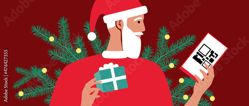 Christmas man with gifts, QR code as vaccination passport, Flat vector stock illustration with Santa Claus