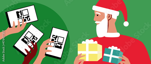 Men with Christmas Gifts, QR Code on Phone Screen, Flat Vector Stock Illustration with Visiting Santa Claus