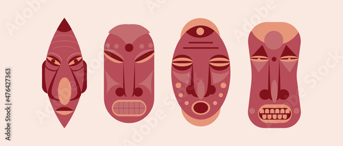 Set of wooden masks isolated, Flat vector stock illustration, Icon or symbol of ancient culture with wooden amulet or sculpture as African traditional symbol for design