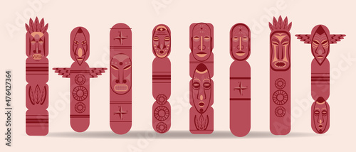 Set of wooden totems isolated, Outline vector stock illustration, Icon or symbol of drainei culture with Totem with face, feathers, wings