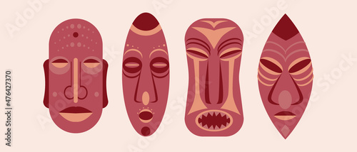 Tiki Masks Set Isolated, Flat Vector Stock Illustration, Icon or Symbol of Dreiney Culture as Wooden Amulet with African Traditional Sculpture