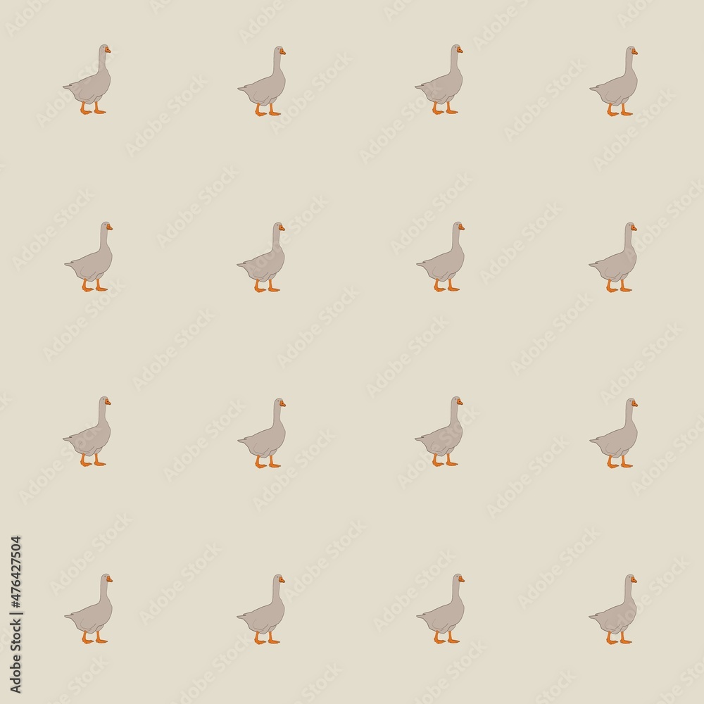 Seamless pattern with goose. Farm animal. Bird. Illustration. On beige background. Print, fabric, wallpaper.