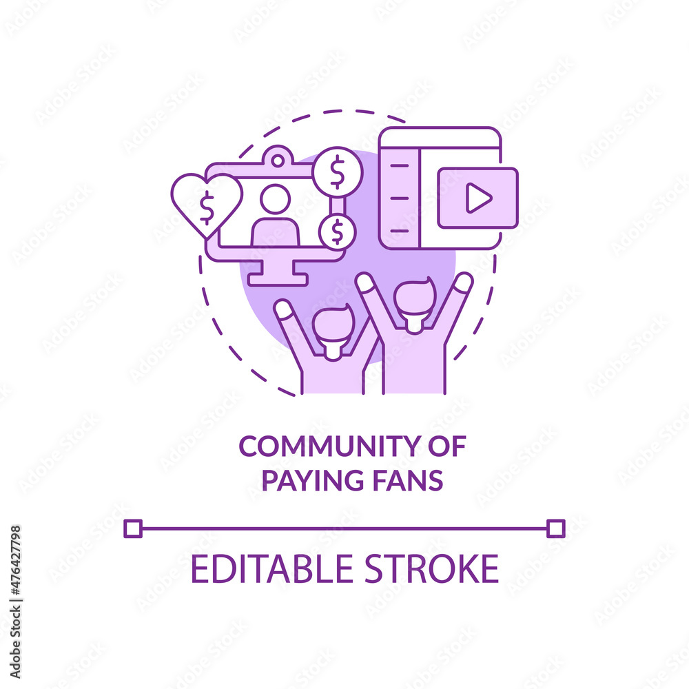 Community of paying fans purple concept icon. Audience support. Donations abstract idea thin line illustration. Isolated outline drawing. Editable stroke. Roboto-Medium, Myriad Pro-Bold fonts used Community of paying fans purple concept icon. Audience support. Donations abstract idea thin line illustration. Isolated outline drawing. Editable stroke. Roboto-Medium, Myriad Pro-Bold fonts used
