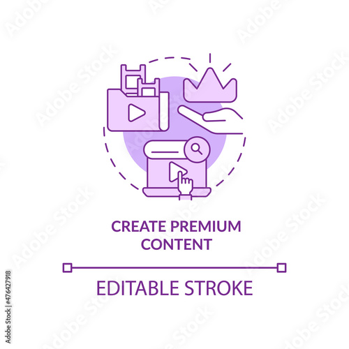 Create premium content purple concept icon. Subscription. Video on demand abstract idea thin line illustration. Isolated outline drawing. Editable stroke. Roboto-Medium, Myriad Pro-Bold fonts used