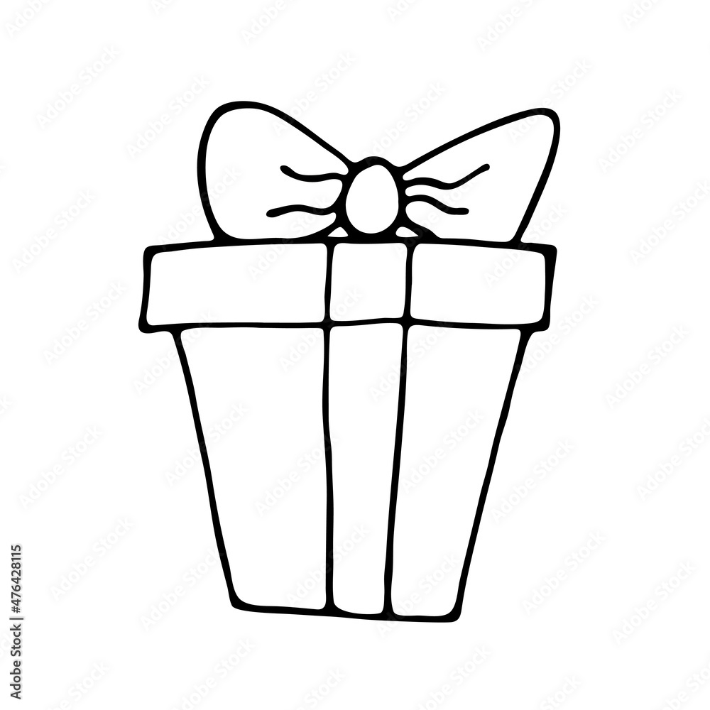 Doodle gift box with a bow and ribbon. A simple image of a closed box. Isolated vector on a white background. Doodle gift box with a bow and ribbon. A simple image of a closed box. Isolated vector on a white background.