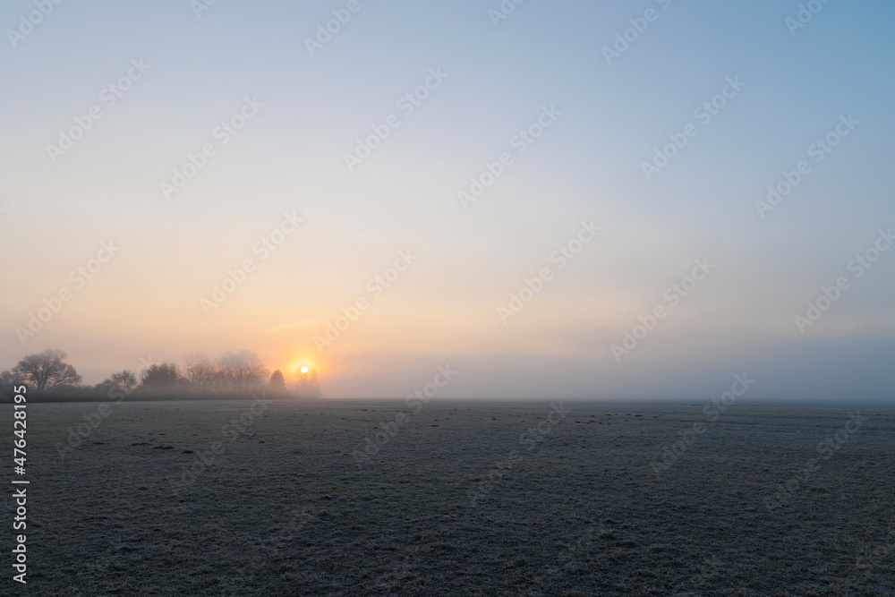 Fototapeta premium A hoarfrost covered misty meadow at sunrise in the Siebenbrunn nature reserve near Augsburg, Germany
