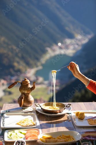 Vászonkép Breakfast Joy Muhlama at Uzungol Caykara Trabzon Turkey