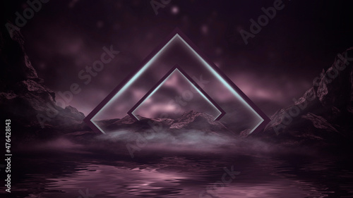 Fantasy night landscape with mountains reflected in the water. Abstract islands  stones on the water. Dark natural scene. Neon space planet. 3D illustration. 