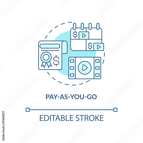 Pay as you go blue concept icon. No commitment. Types of subscription abstract idea thin line illustration. Isolated outline drawing. Editable stroke. Roboto-Medium, Myriad Pro-Bold fonts used