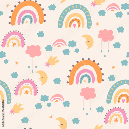 Seamless pattern in boho style with rainbows. Vector graphics.