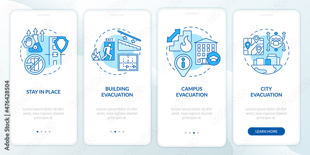 Evacuation types blue onboarding mobile app screen. Emergency solution walkthrough 4 steps graphic instructions pages with linear concepts. UI, UX, GUI template. Myriad Pro-Bold, Regular fonts used