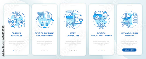 Hazard mitigation steps blue onboarding mobile app screen. Reduce threat walkthrough 5 steps graphic instructions pages with linear concepts. UI, UX, GUI template. Myriad Pro-Bold, Regular fonts used photo