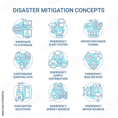 Disaster mitigation turquoise concept icons set. Emergency solutions services idea thin line color illustrations. Isolated outline drawings. Editable stroke. Roboto-Medium, Myriad Pro-Bold fonts used