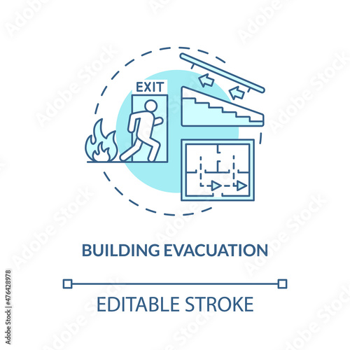 Building evacuation turquoise concept icon. Emergency exit plan for rescue abstract idea thin line illustration. Isolated outline drawing. Editable stroke. Roboto-Medium, Myriad Pro-Bold fonts used