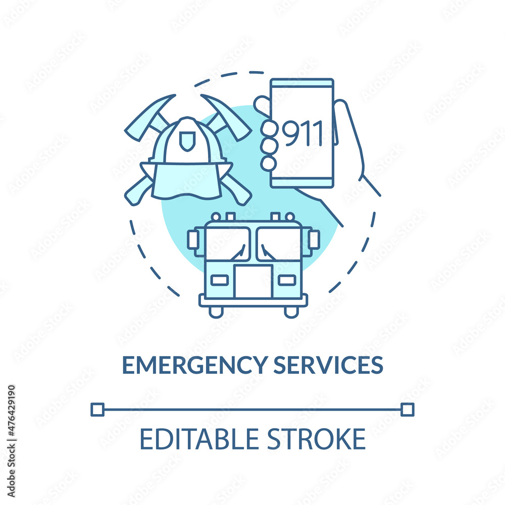 Emergency services turquoise concept icon. Natural disaster aid abstract idea thin line illustration. Isolated outline drawing. Editable stroke. Roboto-Medium, Myriad Pro-Bold fonts used