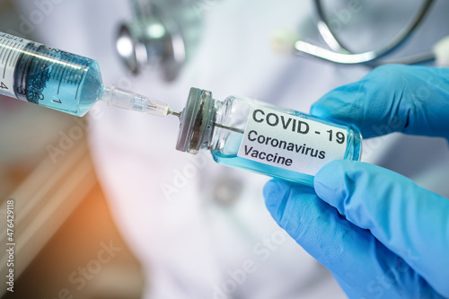 Covid-19 coronavirus vaccine development medical for doctor use to treat illness patients at hospital. photo