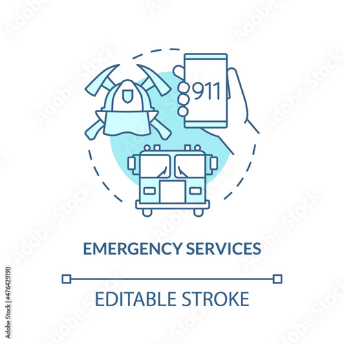 Emergency services turquoise concept icon. Natural disaster aid abstract idea thin line illustration. Isolated outline drawing. Editable stroke. Roboto-Medium, Myriad Pro-Bold fonts used