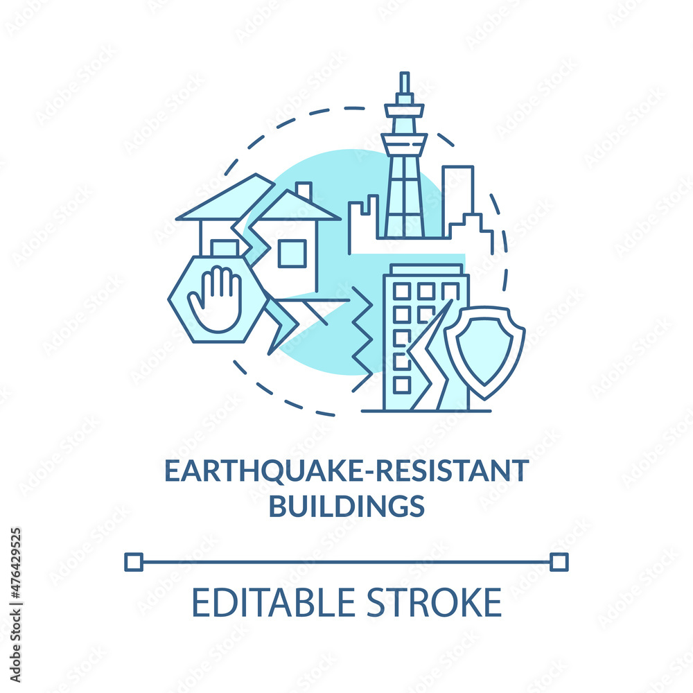 Earthquake resistant buildings turquoise concept icon. Protection abstract idea thin line illustration. Isolated outline drawing. Editable stroke. Roboto-Medium, Myriad Pro-Bold fonts used