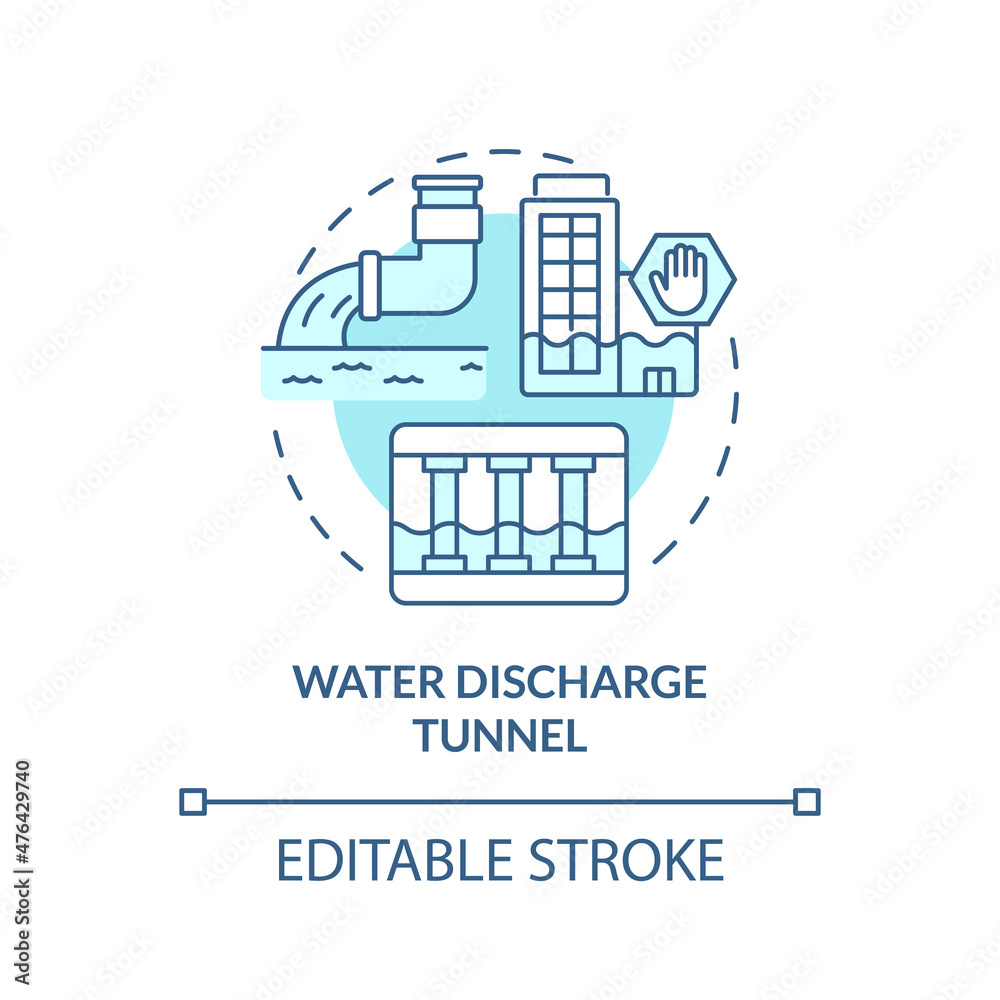 Water discharge tunnel turquoise concept icon. Emergency aid abstract idea thin line illustration. Isolated outline drawing. Editable stroke. Roboto-Medium, Myriad Pro-Bold fonts used