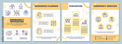 Emergency mitigation brochure template. Resources planning. Booklet print design with linear icons. Vector layouts for presentation, annual reports, ads. Arial-Black, Myriad Pro-Regular fonts used