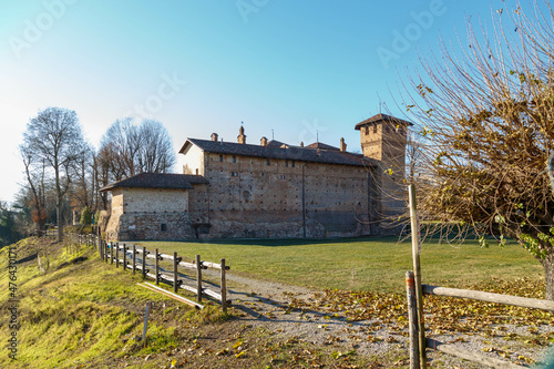 CUNEO, ITALIA, 7 DECEMBER 2021: View at the Visconteo Castle in the streets of Cherasco in Italy photo