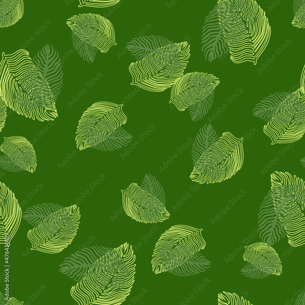 Abstract palm leaf seamless pattern with hand drawn foliage print. Simple Jungle background. Vector illustration for seasonal textile prints.