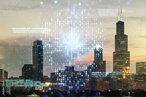 Double exposure of abstract virtual creative code skull hologram on Chicago city skyscrapers background. Malware and cyber crime concept