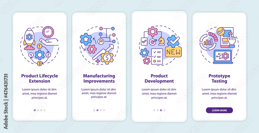 Digital twin tasks onboarding mobile app screen. Product development walkthrough 4 steps graphic instructions pages with linear concepts. UI, UX, GUI template. Myriad Pro-Bold, Regular fonts used Digital twin tasks onboarding mobile app screen. Product development walkthrough 4 steps graphic instructions pages with linear concepts. UI, UX, GUI template. Myriad Pro-Bold, Regular fonts used