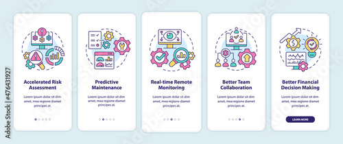 Digital twin benefits onboarding mobile app screen. Risk assessment walkthrough 5 steps graphic instructions pages with linear concepts. UI, UX, GUI template. Myriad Pro-Bold, Regular fonts used