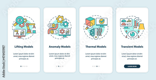 Digital twin models onboarding mobile app screen. Manufacturing process walkthrough 4 steps graphic instructions pages with linear concepts. UI, UX, GUI template. Myriad Pro-Bold, Regular fonts used