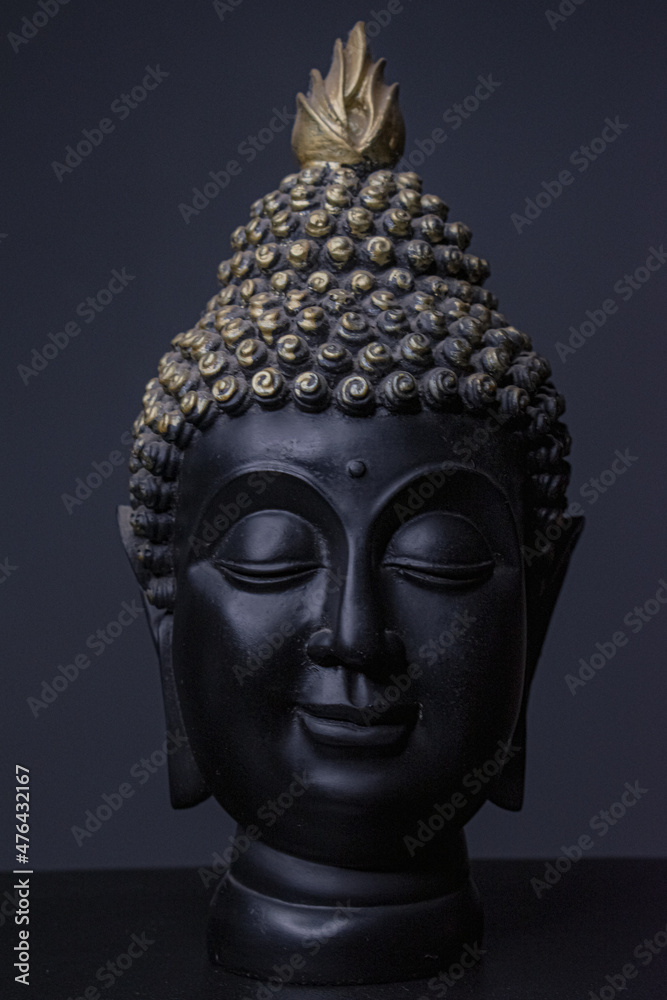 Lord Buddha Matte Black Head Statue. HD Pic with lights.