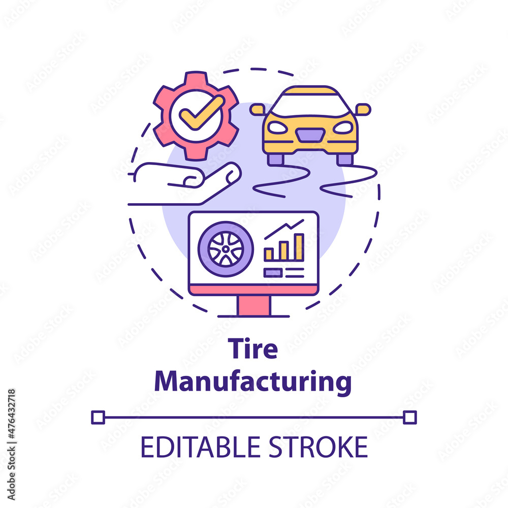 Tire manufacturing concept icon. Digital twin usage abstract idea thin line illustration. Pre-production phase. Isolated outline drawing. Editable stroke. Roboto-Medium, Myriad Pro-Bold fonts used
