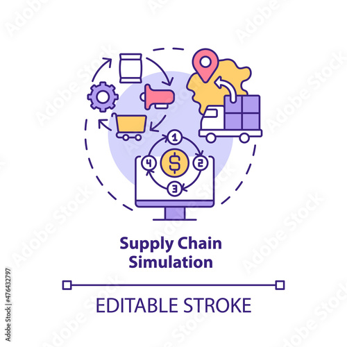 Supply chain simulation concept icon. Logistics network abstract idea thin line illustration. Digital twin usage. Isolated outline drawing. Editable stroke. Roboto-Medium, Myriad Pro-Bold fonts used