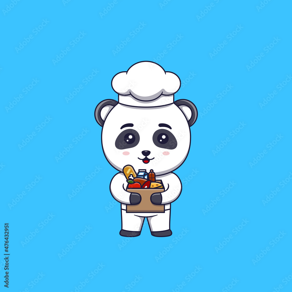 Cute panda chef holding cardboard box full food Cute panda chef holding cardboard box full food