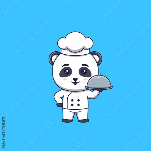 Cute panda chef holding restaurant cloche